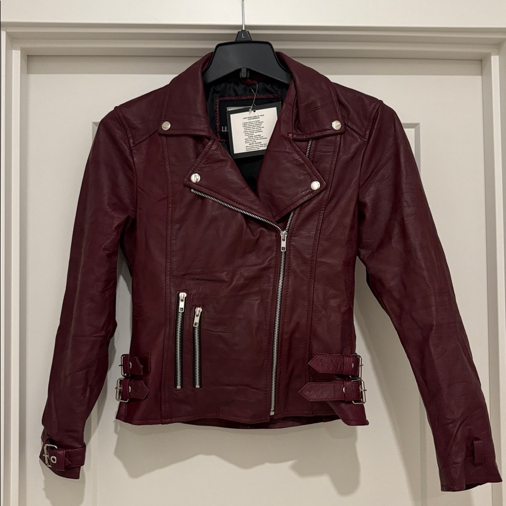NWT [Leather Skin] Burgundy Maroon Asymmetrical Zip Leather Jacket Women’s XS - Picture 5 of 12